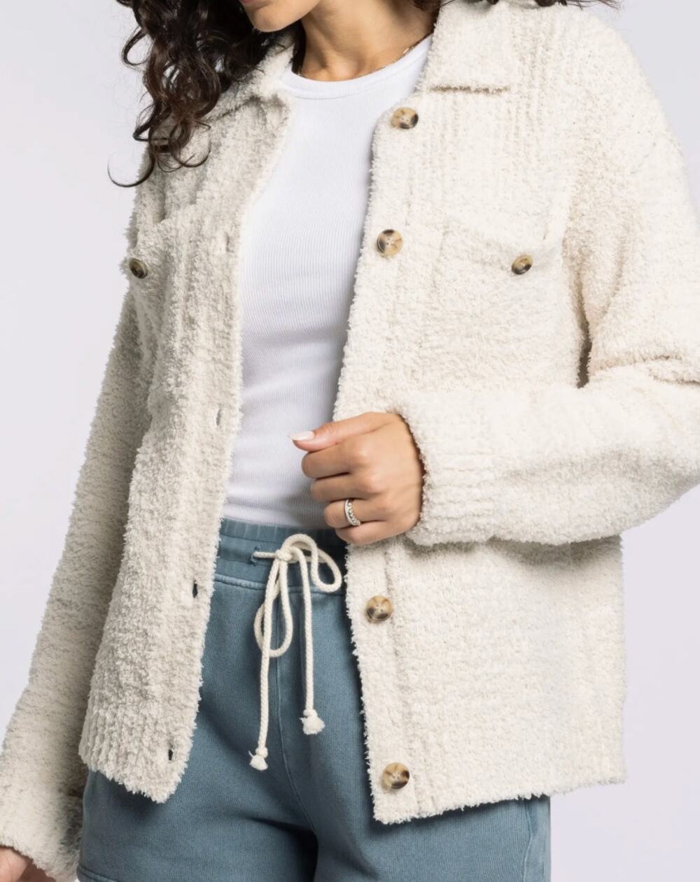 Thread & Supply Sherpa Button Front Small Cream Brazilian Sand Teddy Shacket